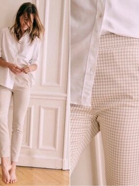 Sezane Cream Houndstooth Ankle Pants